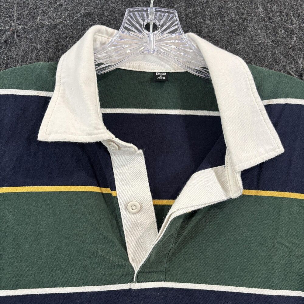 Uniqlo Rugby Polo Shirt Men's Medium Green Navy Striped 100% Cotton Casual Knit - Picture 3 of 9